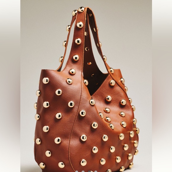 JLN Anthropologie BROWN/GOLD THE SONIA MEDIUM SLOUCHED STUDDED BAG - Picture 2 of 9